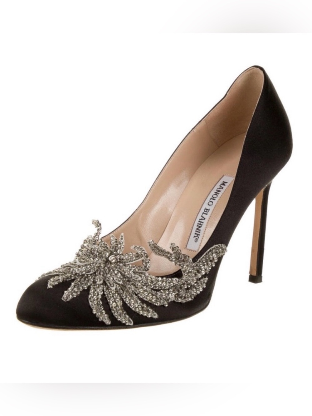 Manolo Blahnik Swan Black Crystal Embellished Satin Pump